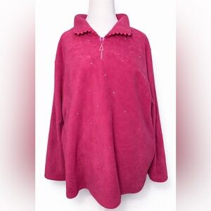Quacker Factory Women’s 2X Pink Rhinestone Quarter Zip Fleece | Embellished